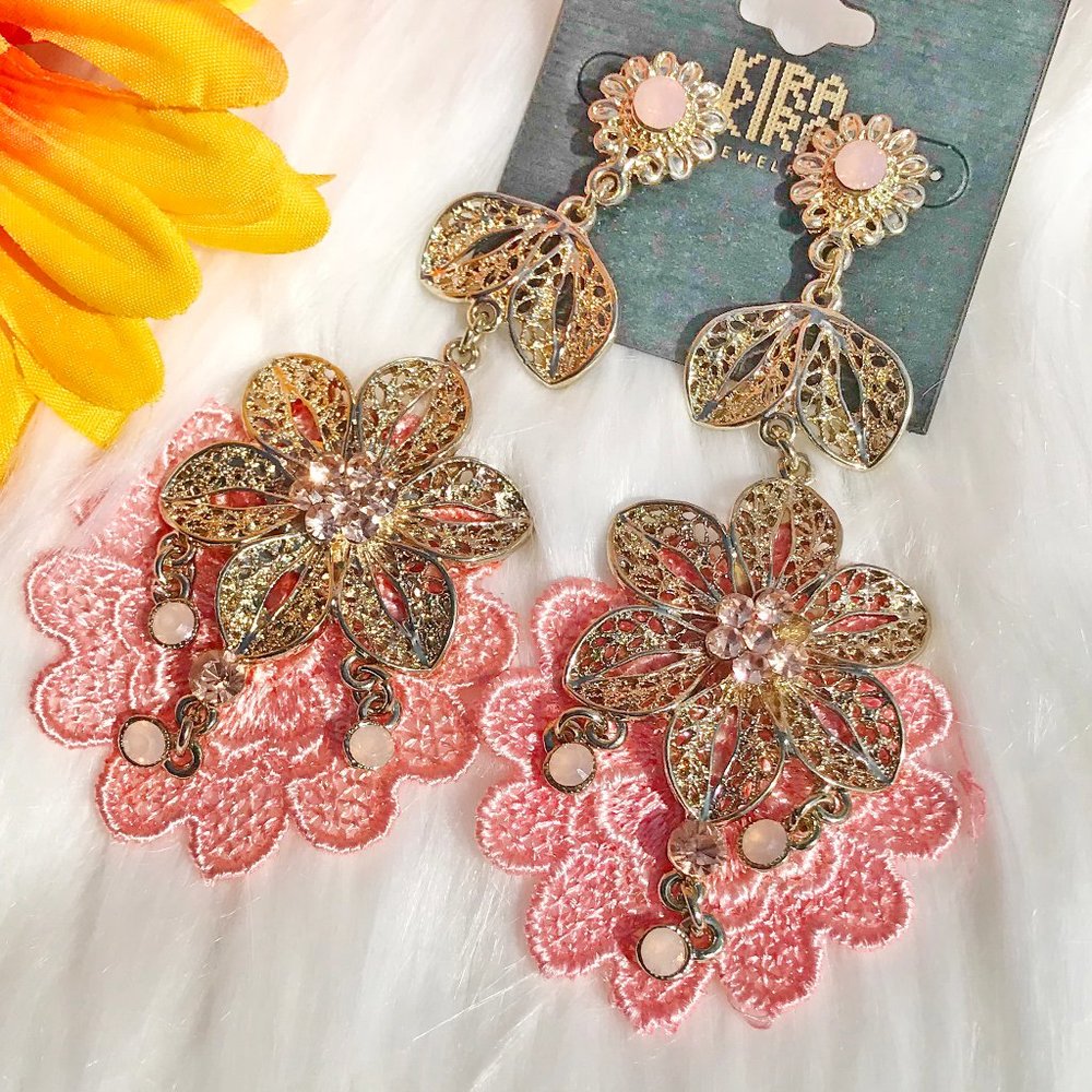Boho Earrings Long Lace Bling Drop Flower Dangles